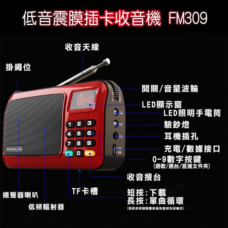 [HANLIN]-FM309 重低音震膜插卡收音機-紅色, , large