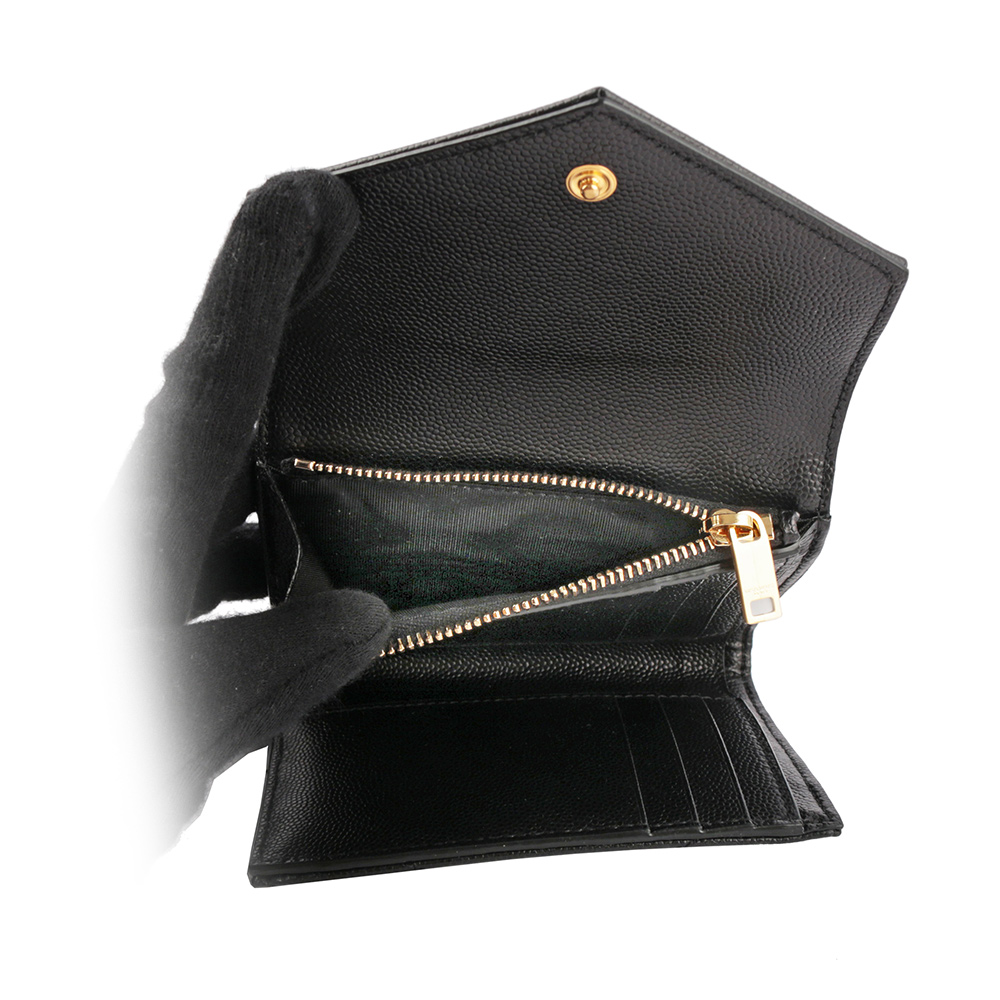 YSL 山形紋荔枝皮金字logo三折短夾(黑色), , large