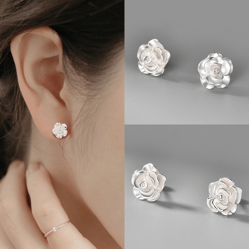 韓版s999純銀玫瑰花款轉珠耳環-附馬卡收納盒 , , large