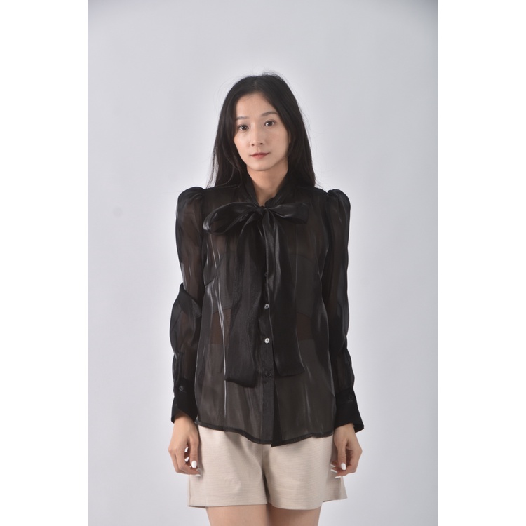 (S) 質感綁帶黑色長袖上衣二手衣, , large