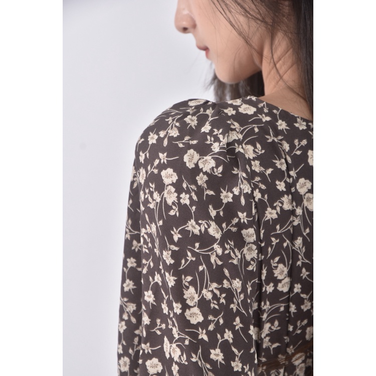 (S) earth music ecology碎花質感V領棕色洋裝二手衣, , large