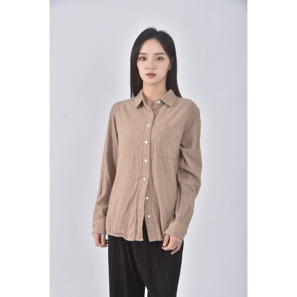 (S) uniqlo質感棉質純棉棕色長袖上衣二手衣, , large