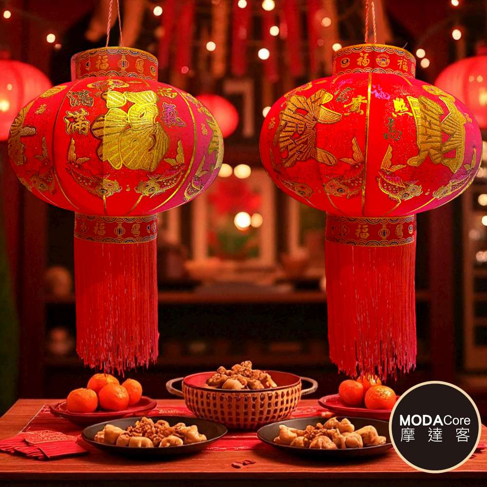 摩達客◉春節開運招財◉55x70cm年節元宵金線大紅燈籠吊飾2入組(不含燈), , large