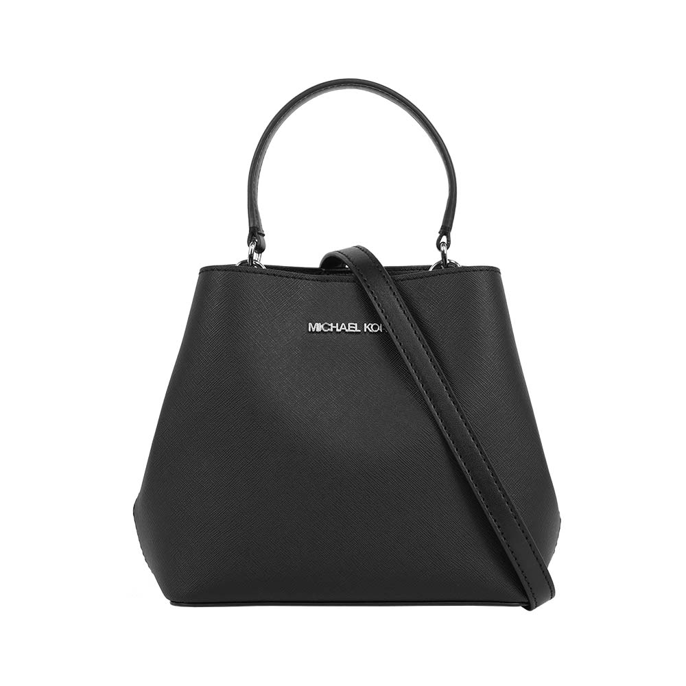 Michael Kors Pratt 銀字素面手提/斜背二用小款水桶包(黑色), , large