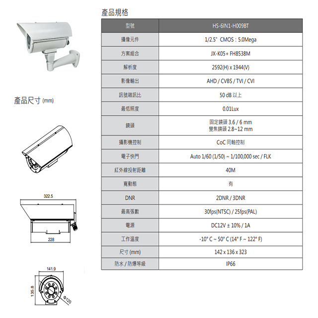 昌運監視器 昇銳 HS-6IN1-H009BT 500萬 多合一 2.8-12mm變焦 紅外線防護罩攝影機, , large