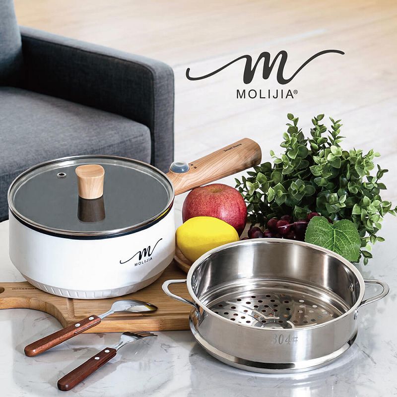 【MOLIJIA】1.6L-M18 Multifunctional Non-stick Electric Cooking Pot + M1812 Stainless Steel Steamer - White Wood Grain, , large