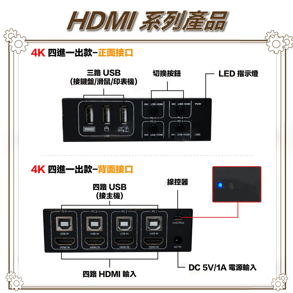 昌運監視器 HD-KVM401 四進一出4K HDMI KVM USB 切換器, , large
