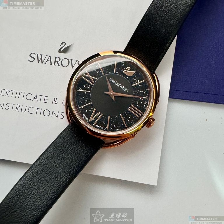 [星晴錶業]SWAROVSKI手錶,34mm,SW00021黑色錶面玫瑰金錶殼深黑色真皮皮革錶帶款, , large