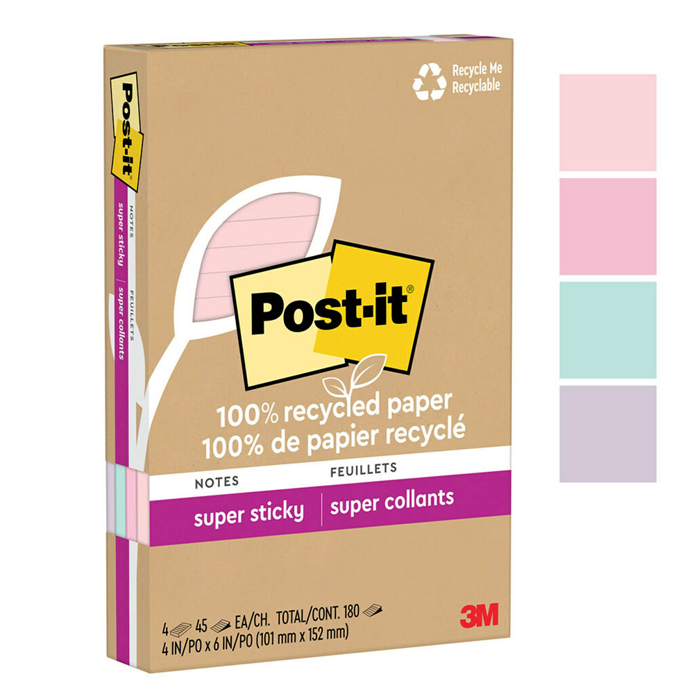 【3M】Post-it 利貼 狠黏 環保橫格便條紙 101x152mm（45張 /本）混色4本 /盒 4621R-4SSNRP, , large