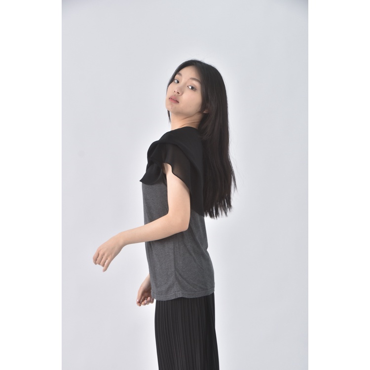 (S) chang lee yugin質感棉質假兩件灰色短袖上衣二手衣, , large