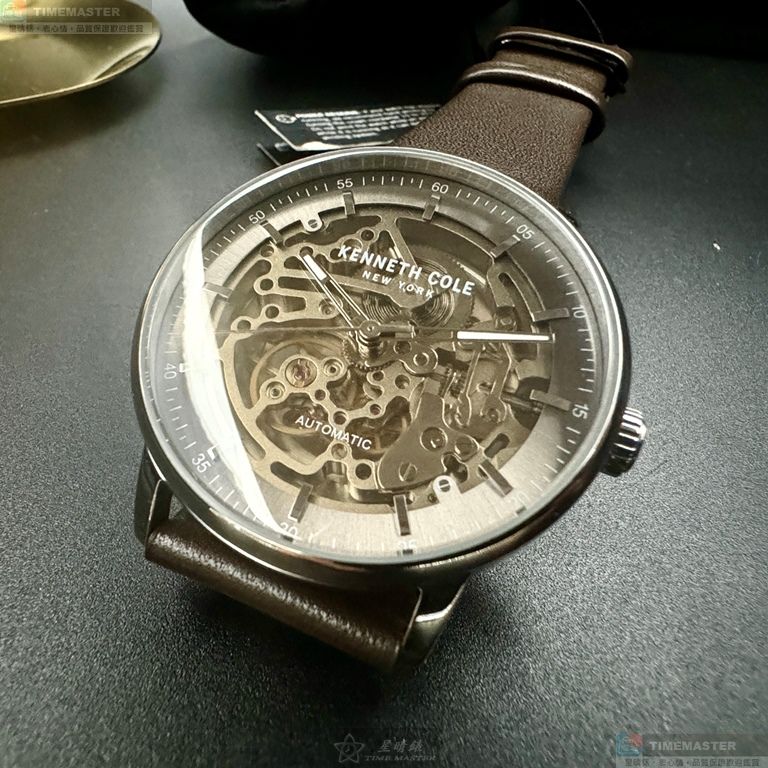 [星晴錶業]Kenneth Cole手錶,42mm,KC00009古銅雙面機械鏤空錶面銀錶殼咖啡色真皮皮革錶帶款, , large