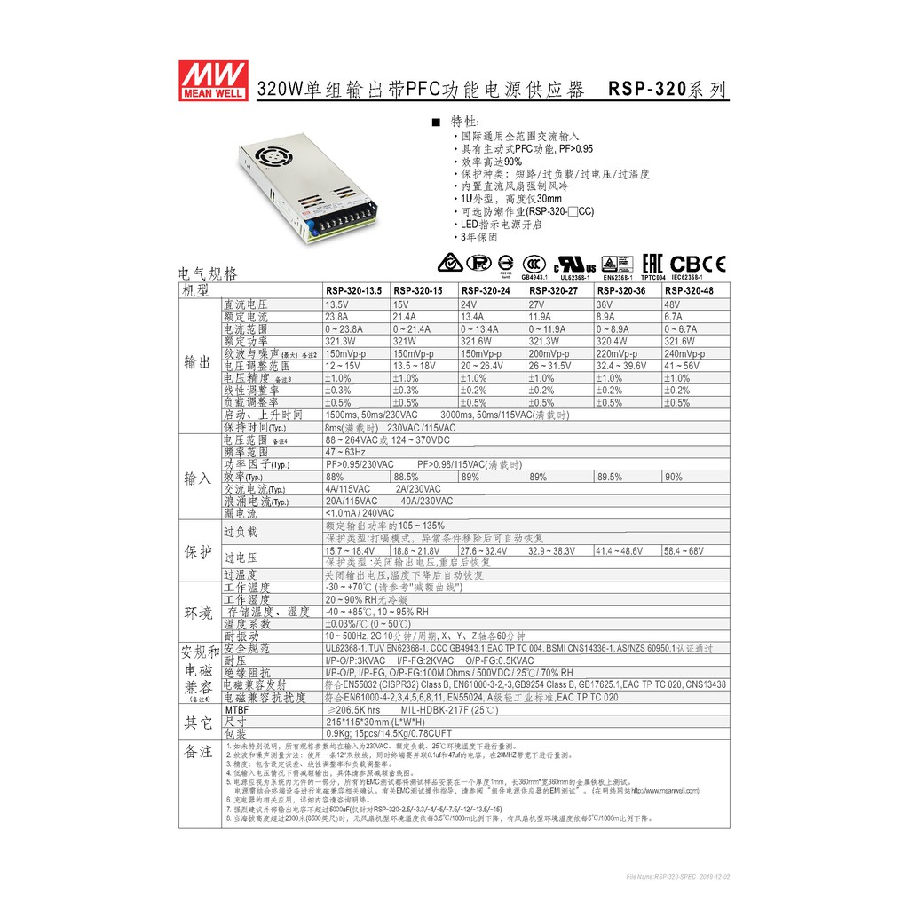 明緯 320W單組輸出電源供應器(RSP-320-24), , large