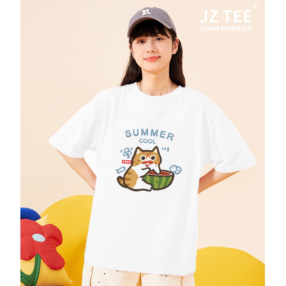 JZ TEE 貪吃橘貓-吃西瓜 印花短袖T恤, , large