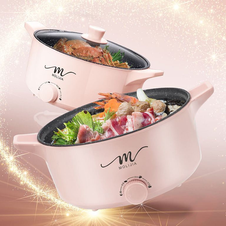 【MOLIJIA 魔力家】5L-M21 多功能美食料理不沾快煮電火鍋-藕荷粉, , large