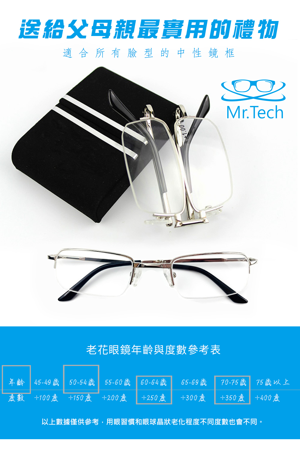 MR.TECH 米特克 可折疊縮小卡片盒便攜摺疊老花眼鏡(經典中性金屬橢方半框LH-1010) 100度, , large