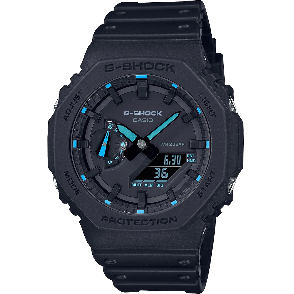 CASIO 卡西歐 G-SHOCK 霓虹藍 耐衝擊八角雙顯電子錶 GA-2100-1A2
