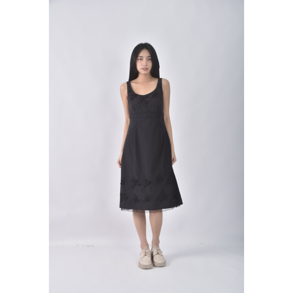 (S) whistles禮服棉質玫瑰花無袖黑色洋裝二手衣, , large