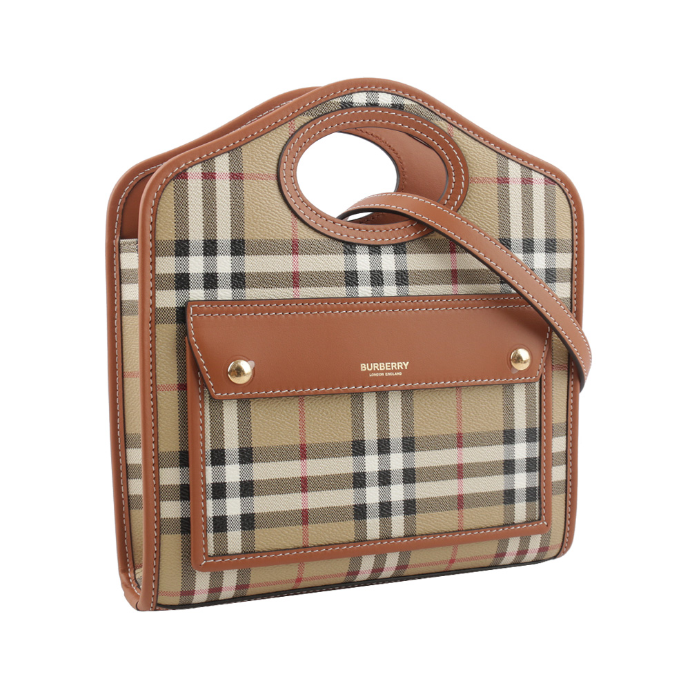 BURBERRY 格紋拼皮革手提/斜背口袋包(Mini)/石楠木棕色, , large
