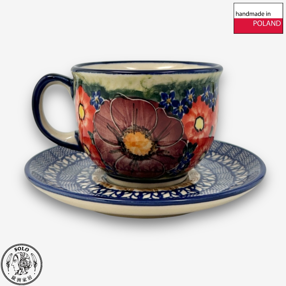 【SOLO Vintage】Cerraf Polish Pottery 200ml Coffee Cup + Saucer Set Banquet of Elegant Red Series Made in Poland, , large