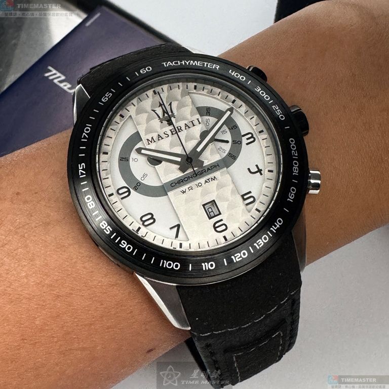 [星晴錶業]MASERATI手錶,46mm,R8871610001白色錶面黑錶殼深黑色真皮皮革錶帶款, , large