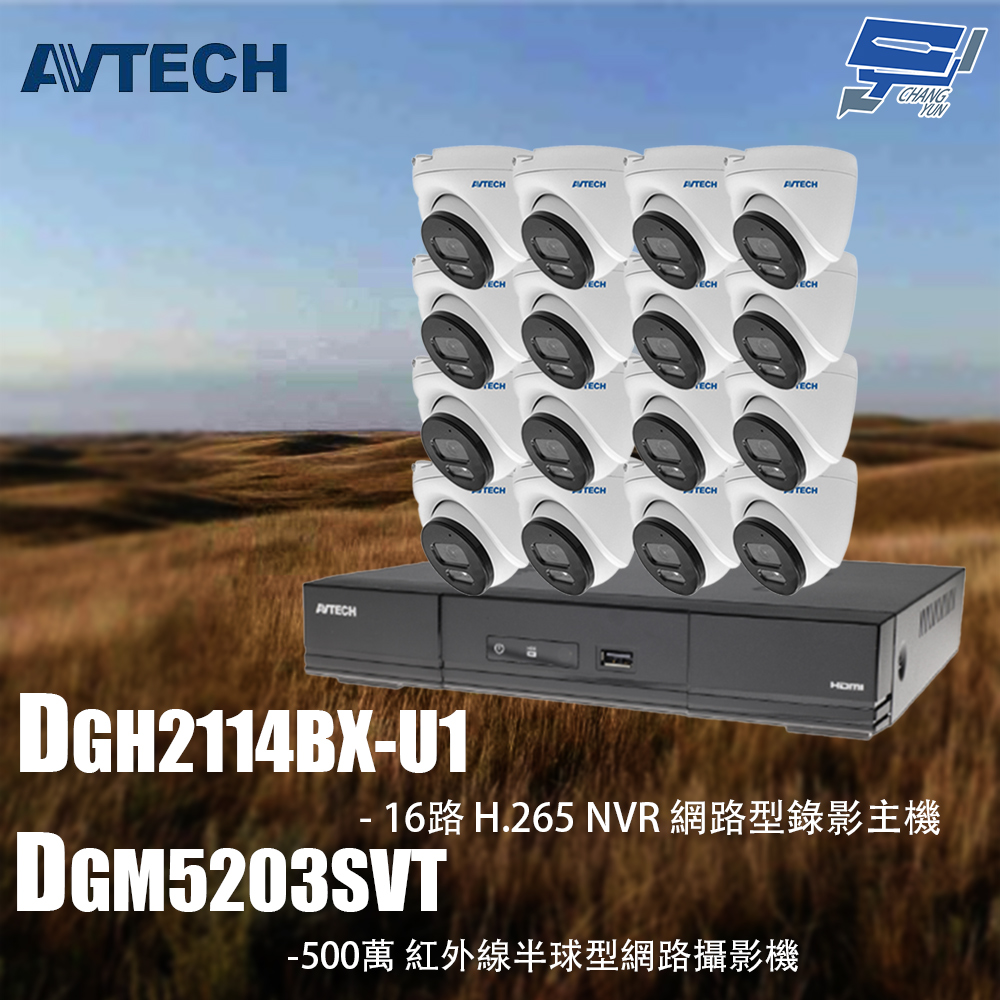 昌運監視器 AVTECH陞泰組合 DGH2114BX-U1 16路 主機+DGM5203SVT 5MP半球攝影機*16, , large