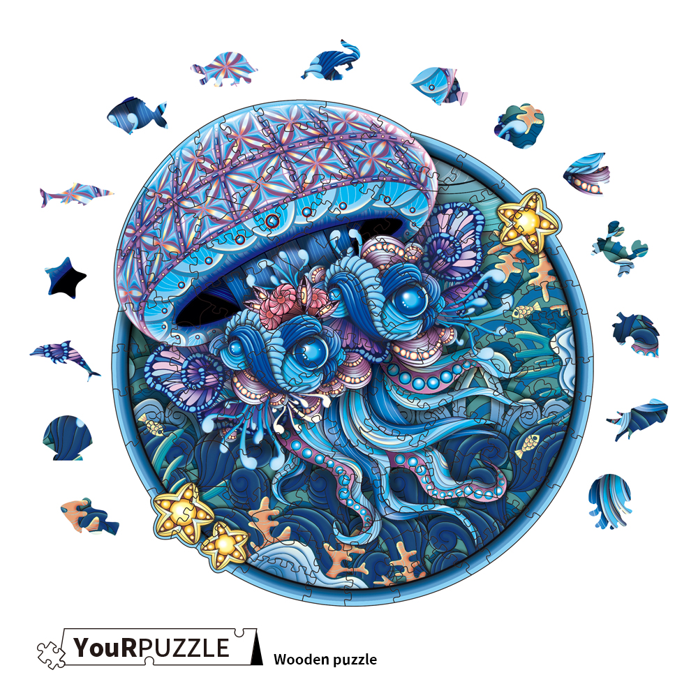  [Brick Republic]YouRPUZZLE Round Jellyfish – Irregular Wooden Puzzle (Certified)