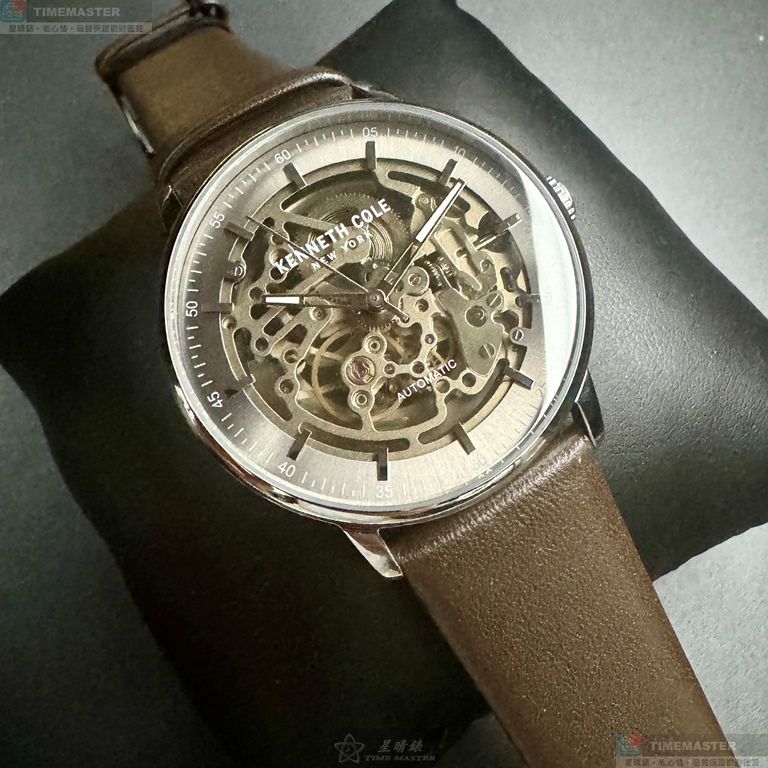 [星晴錶業]Kenneth Cole手錶,42mm,KC00009古銅雙面機械鏤空錶面銀錶殼咖啡色真皮皮革錶帶款, , large
