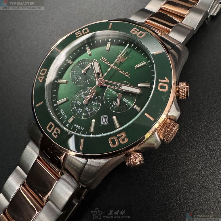 [星晴錶業]MASERATI手錶,44mm,R8873600004墨綠色錶面金綠色錶殼金銀相間精鋼錶帶款, , large