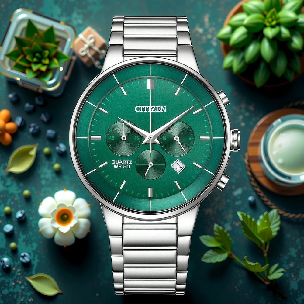 CITIZEN 星辰 Chronograph 紳男計時手錶 送禮推薦-銀x綠/42mm AN8220-52X, , large