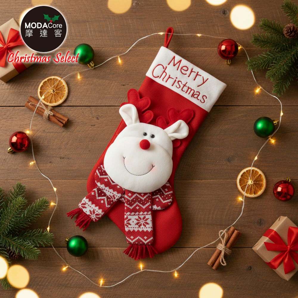 摩達客-溫暖紅白紋聖誕襪-聖誕麋鹿款-耶誕派對交換禮物, , large