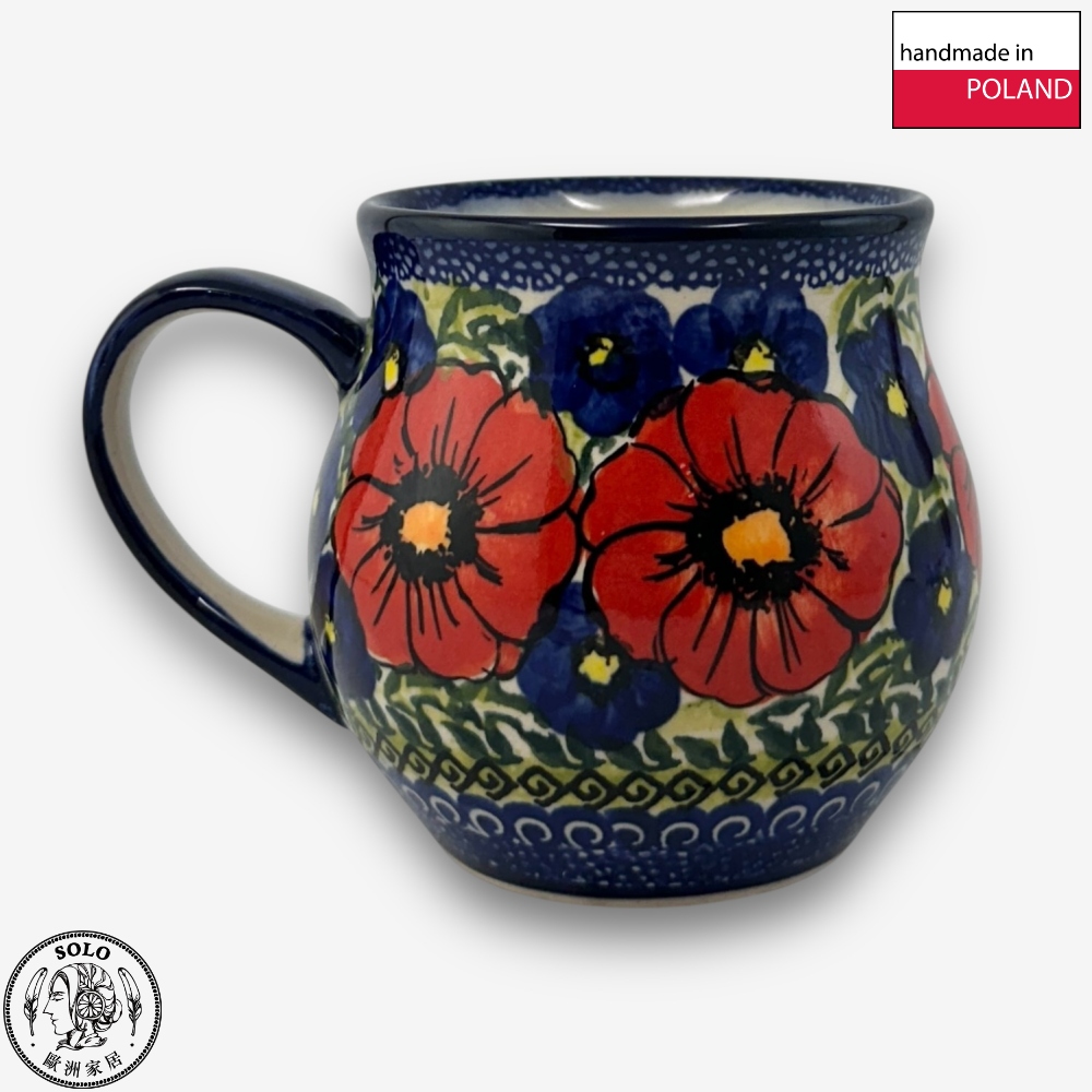 【SOLO Vintage】Cerraf Polish Pottery 350ml Mug Path of Red and Blue Flowers Series Made in Poland, , large