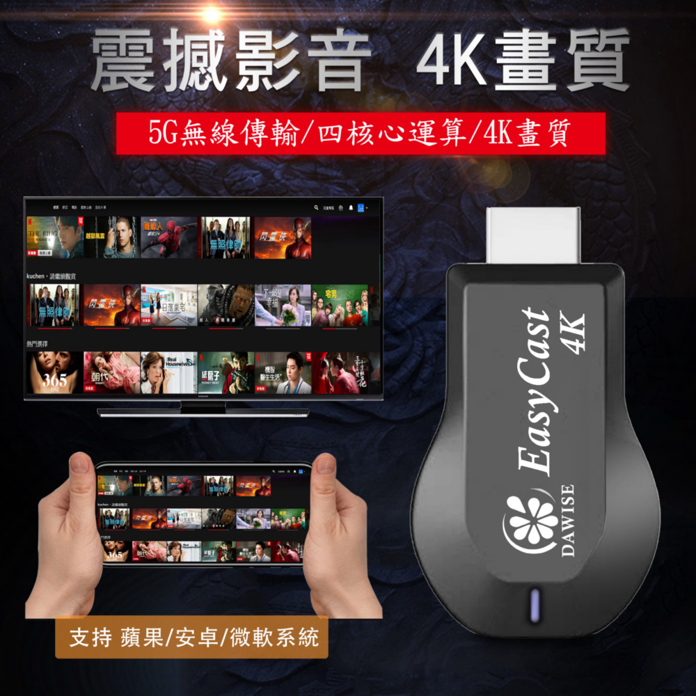 【4K四核心影音震撼】EasyCast雙頻5G全自動無線HDMI影音電視棒(附4大好禮), , large