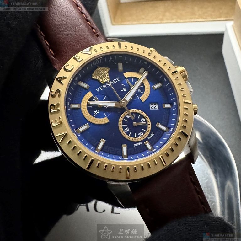 [星晴錶業]VERSACE手錶,46mm,VS11331寶藍色錶面金色錶殼咖啡色真皮皮革錶帶款, , large