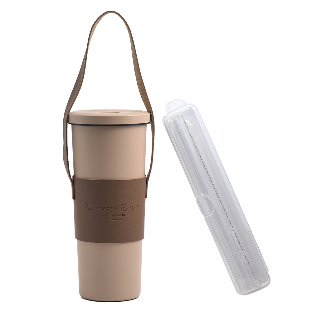 GREEN CUP芊杯內外316不鏽鋼真空吸管杯-800ml-焦糖布丁-贈送皮革杯套+吸管組-1組, , large