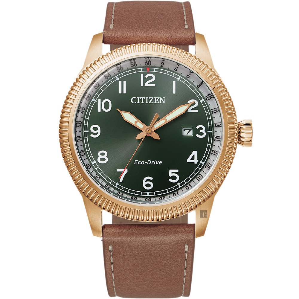 CITIZEN 星辰 光動能復古風紳士手錶-玫瑰金x綠 BM7483-15X, , large