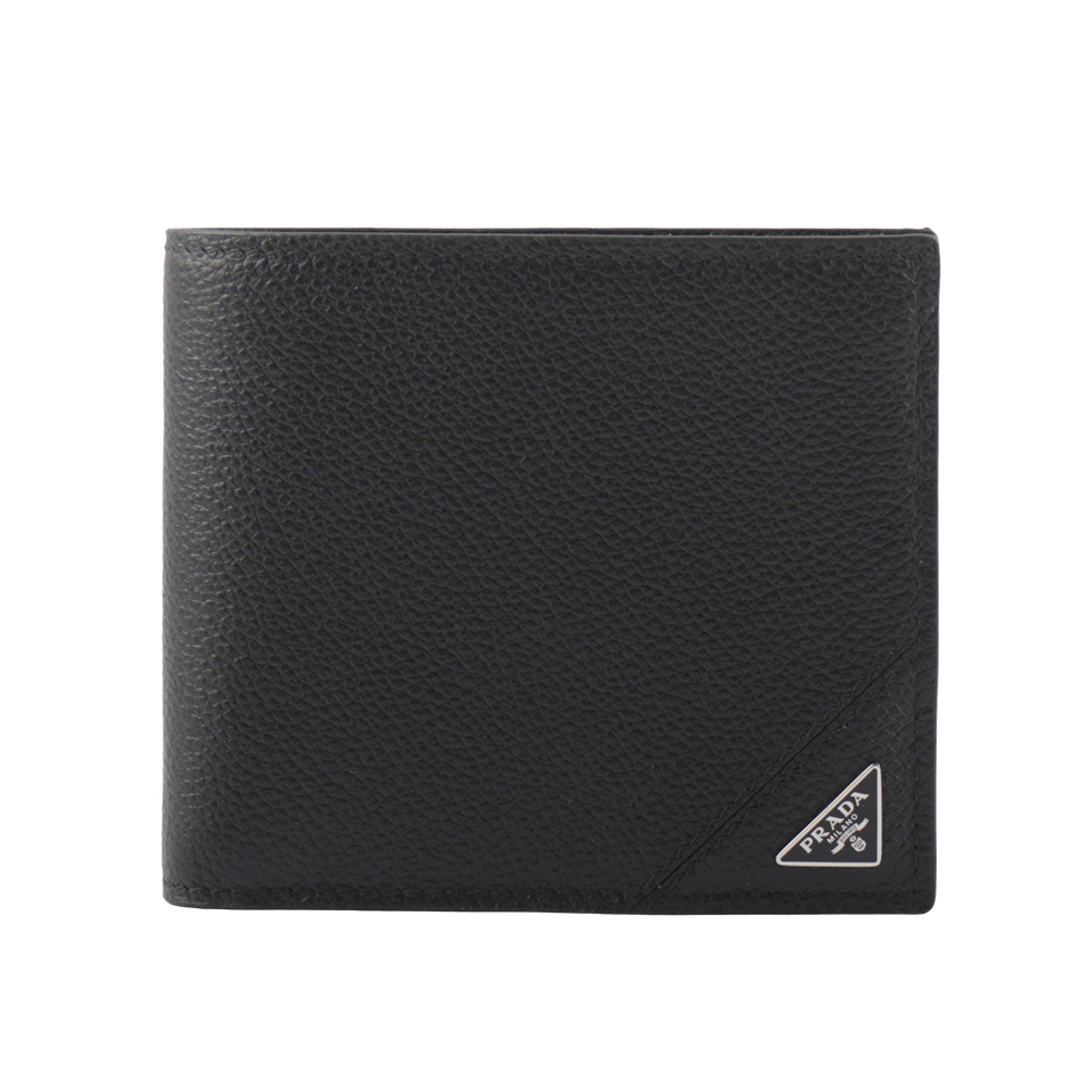 PRADA 銀色三角牌Logo 粒紋皮革對開零錢袋短夾/黑色, , large