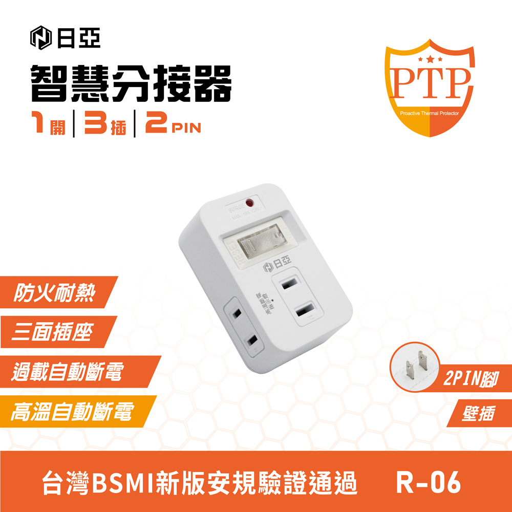 [寶旺旺] 日亞 智慧防雷2孔3插 三面 分接器(新安規 PTP高溫斷電指示燈) R-06L, , large