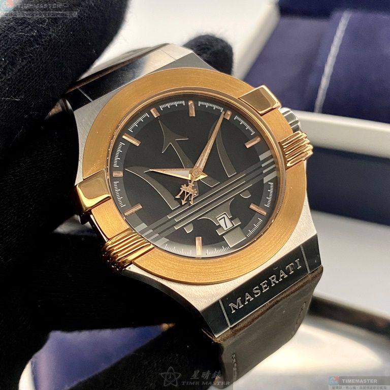 [星晴錶業]MASERATI手錶,42mm,R8851108014古銅色錶面金銀錶殼咖啡色真皮皮革錶帶款