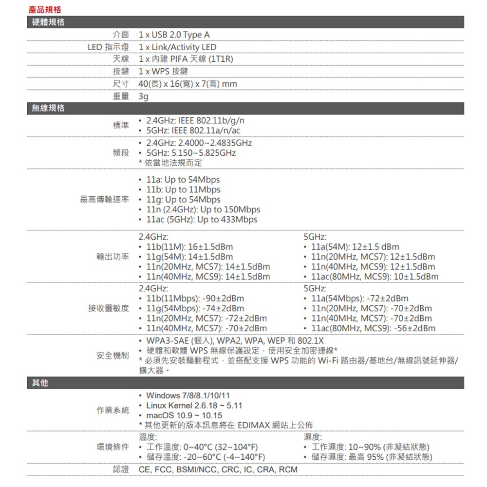 昌運監視器 EDIMAX 訊舟 EW-7811UTC AC600 AC N600M 雙頻USB迷你無線網路卡, , large