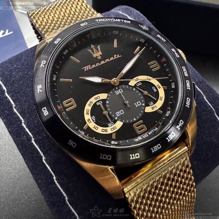 [星晴錶業]MASERATI手錶,46mm,R8873612010黑色錶面金色錶殼金色米蘭錶帶款