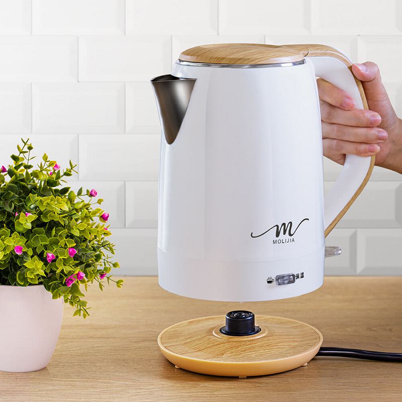 【MOLIJIA 魔力家】M27雙層防燙快煮壺1.9公升-白木紋/保溫型/電熱水壺/電茶壺, , large