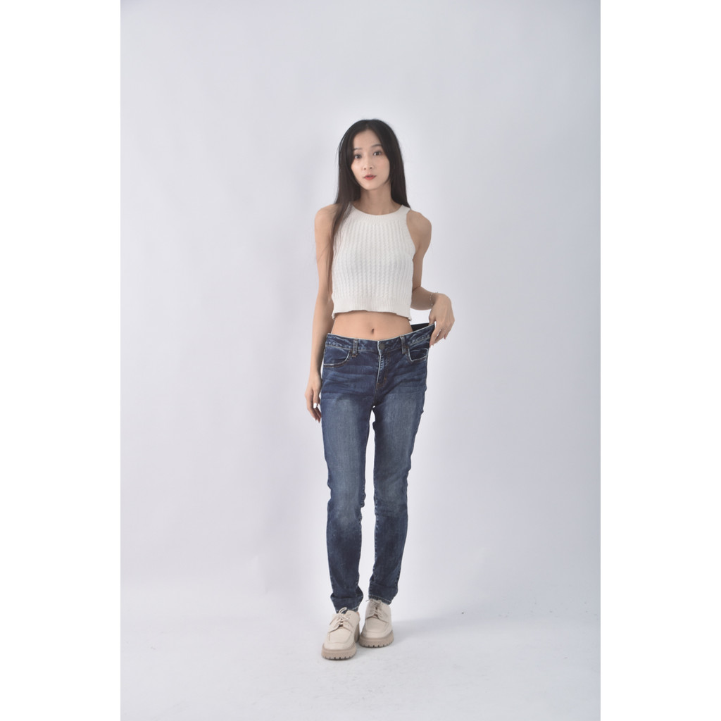 (XL) american eagle高腰丹寧牛仔質感棉質仿舊藍色長褲二手衣, , large