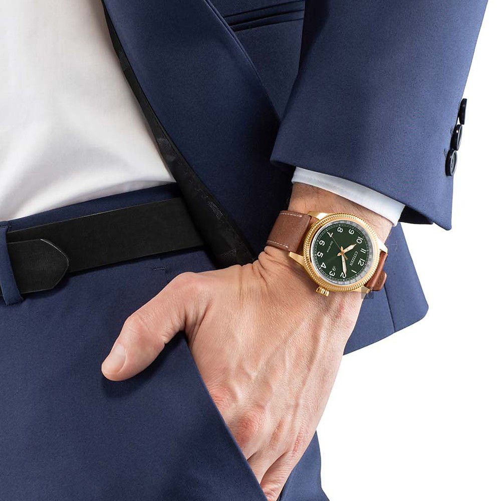 CITIZEN 星辰 光動能復古風紳士手錶-玫瑰金x綠 BM7483-15X, , large