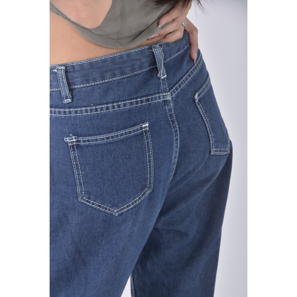 (L) jeans高腰丹寧牛仔質感藍色長褲二手衣, , large