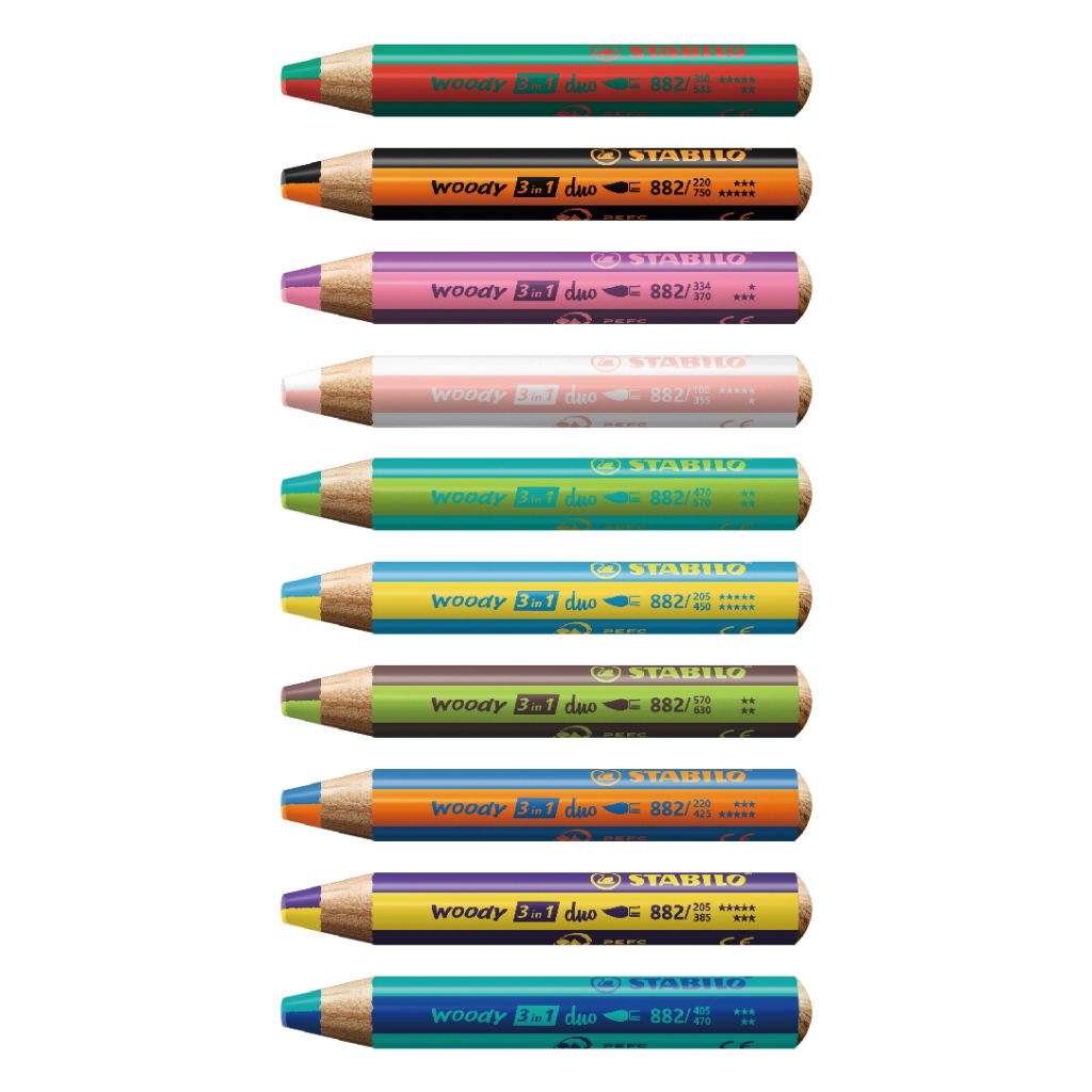 【德國天鵝STABILO】woody 3 in 1 duo 伍迪樂3合1可水洗水彩粉蠟筆 雙色筆頭10色(ST882/10-2), , large