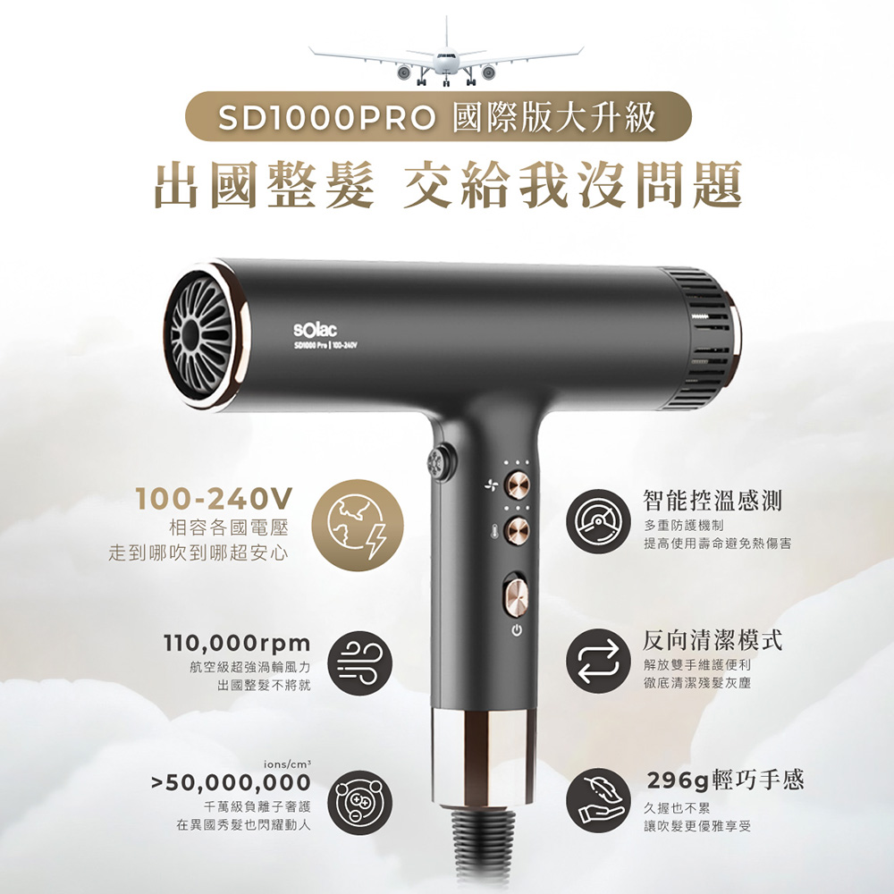 sOlac SD-1000 PRO International Voltage High-Speed ​​Negative Ion Hair Dryer (White Gold), , large