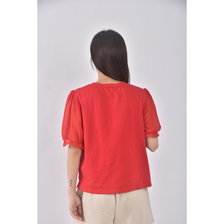 (M) huslidesign棉質雪紡拼接紅色短袖上衣二手衣, , large