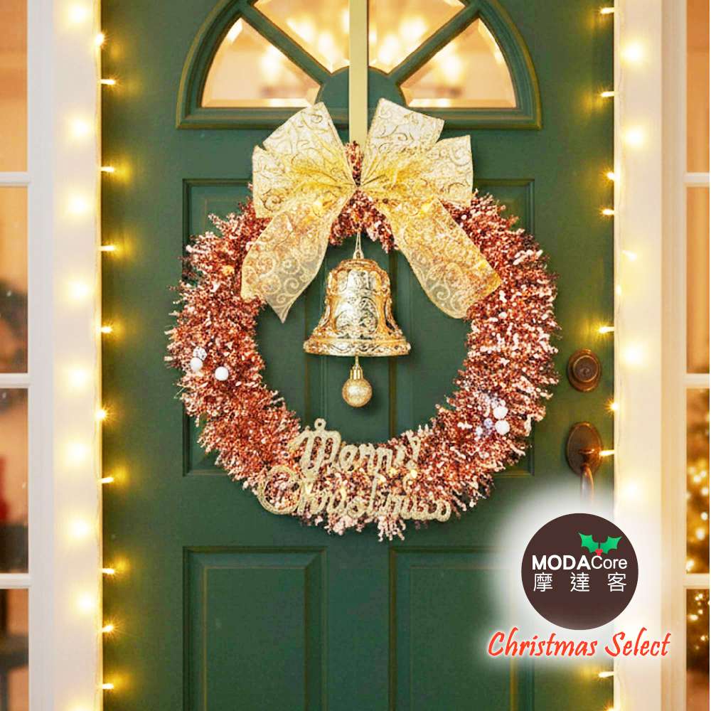 摩達客14吋優雅香檳玫金系金蔥彎絲聖誕花圈_台灣工藝免組裝_本島免運費, , large