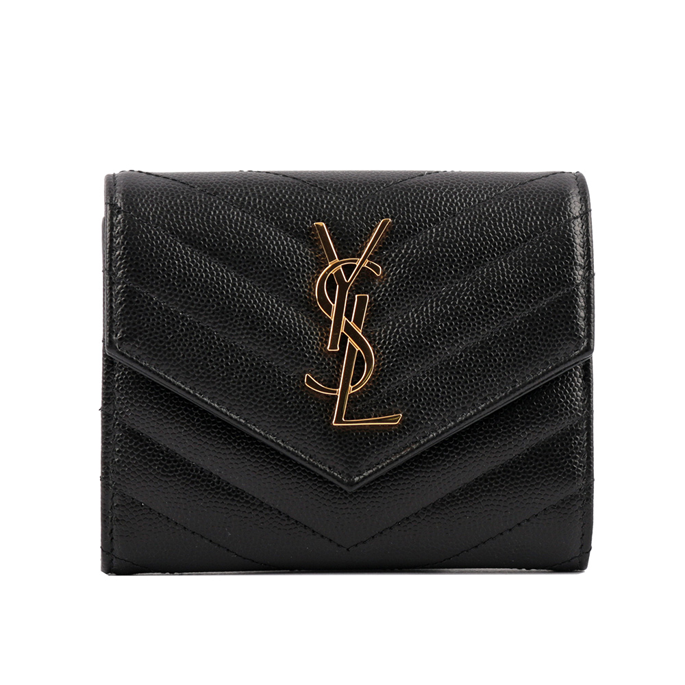 YSL 山形紋荔枝皮金字logo三折短夾(黑色)