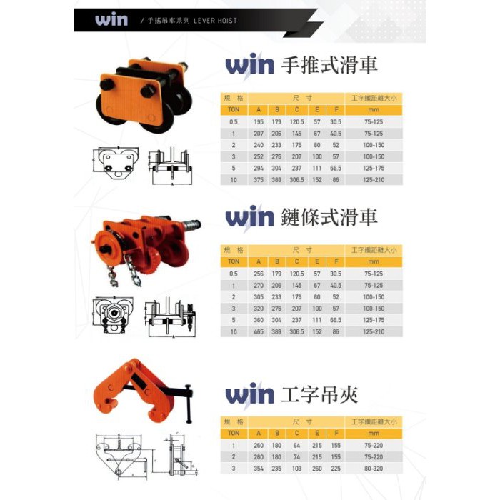 WIN 五金 WIN 1T-5T鍊動小車 齒輪式天車 鍊條式滑車 手拉吊車 手動吊車 電動吊車 手推式滑車 工字鐵滑車, , large